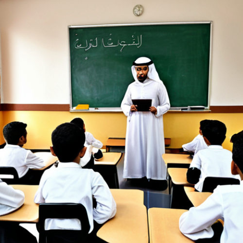 Home 4 **Prompt:** A modern classroom scene in the Middle East, emphasizing collaboration between students and robots. Students should be engaged, learning future skills, with traditional Arabic patterns subtly incorporated into the classroom design.