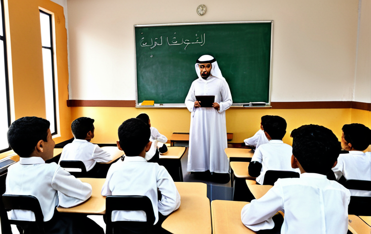 **Prompt:** A modern classroom scene in the Middle East, emphasizing collaboration between students and robots. Students should be engaged, learning future skills, with traditional Arabic patterns subtly incorporated into the classroom design.